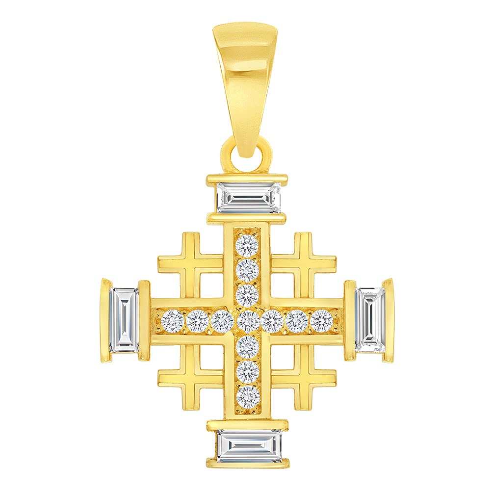 14k Yellow Gold Cubic-Zirconia Religious Crusaders Jerusalem Cross Charm Pendant