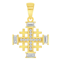 Load image into Gallery viewer, 14k Yellow Gold Cubic-Zirconia Religious Crusaders Jerusalem Cross Charm Pendant with Rolo Cable, Cuban Curb, or Figaro Chain Necklaces
