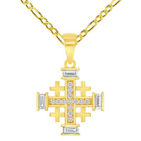 Load image into Gallery viewer, 14k Yellow Gold Cubic-Zirconia Religious Crusaders Jerusalem Cross Charm Pendant with Rolo Cable, Cuban Curb, or Figaro Chain Necklaces
