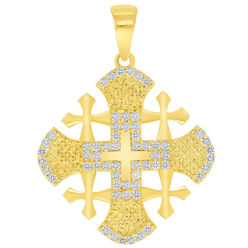 14k Yellow Gold Elegant Cubic-Zirconia Religious Crusaders Jerusalem Cross Pendant