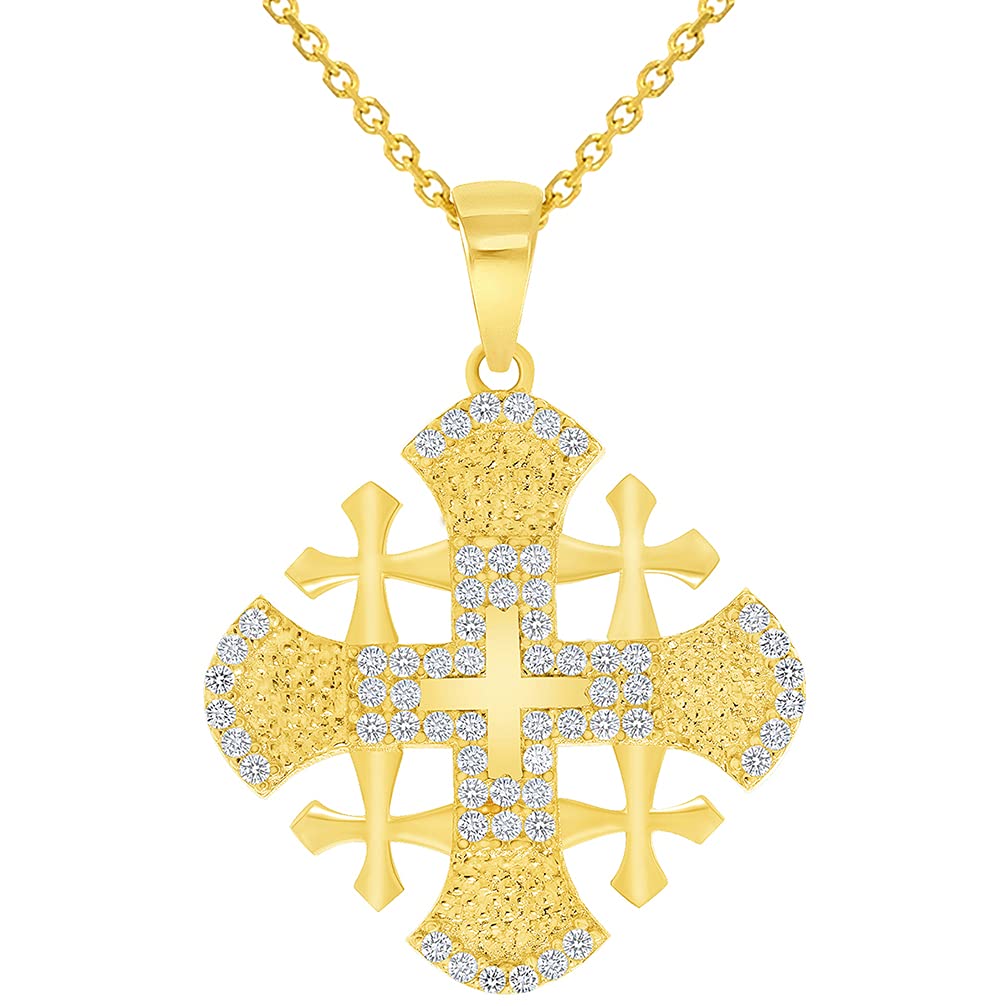 14k Yellow Gold Elegant Cubic-Zirconia Religious Crusaders Jerusalem Cross Pendant with Rolo Cable, Cuban Curb, or Figaro Chain Necklaces