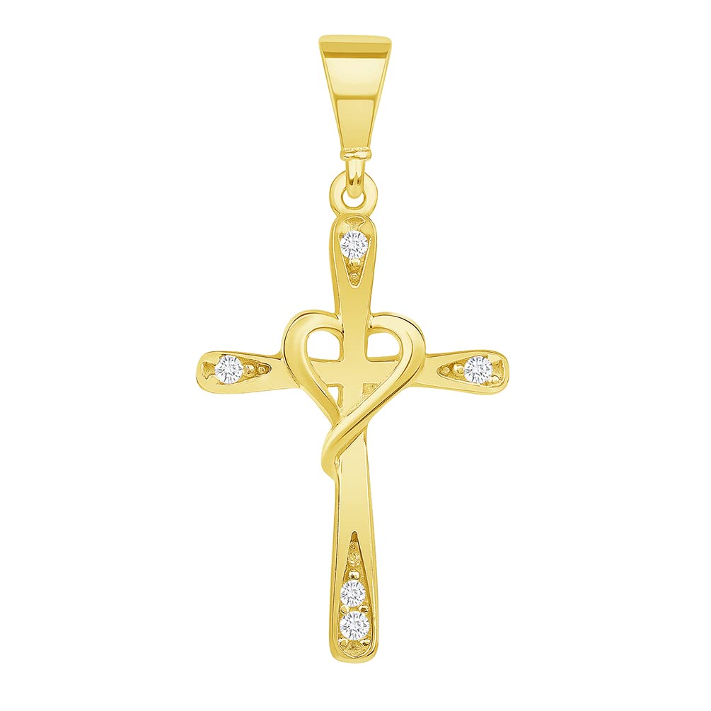 14k Yellow Gold Cubic-Zirconia Simple Religious Cross with Heart Pendant