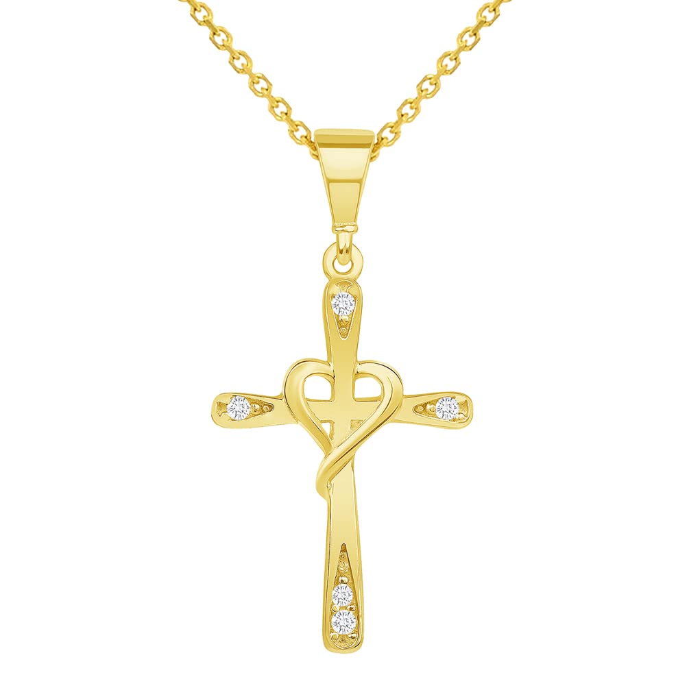 14k Yellow Gold Cubic-Zirconia Simple Religious Cross with Heart Pendant Necklace