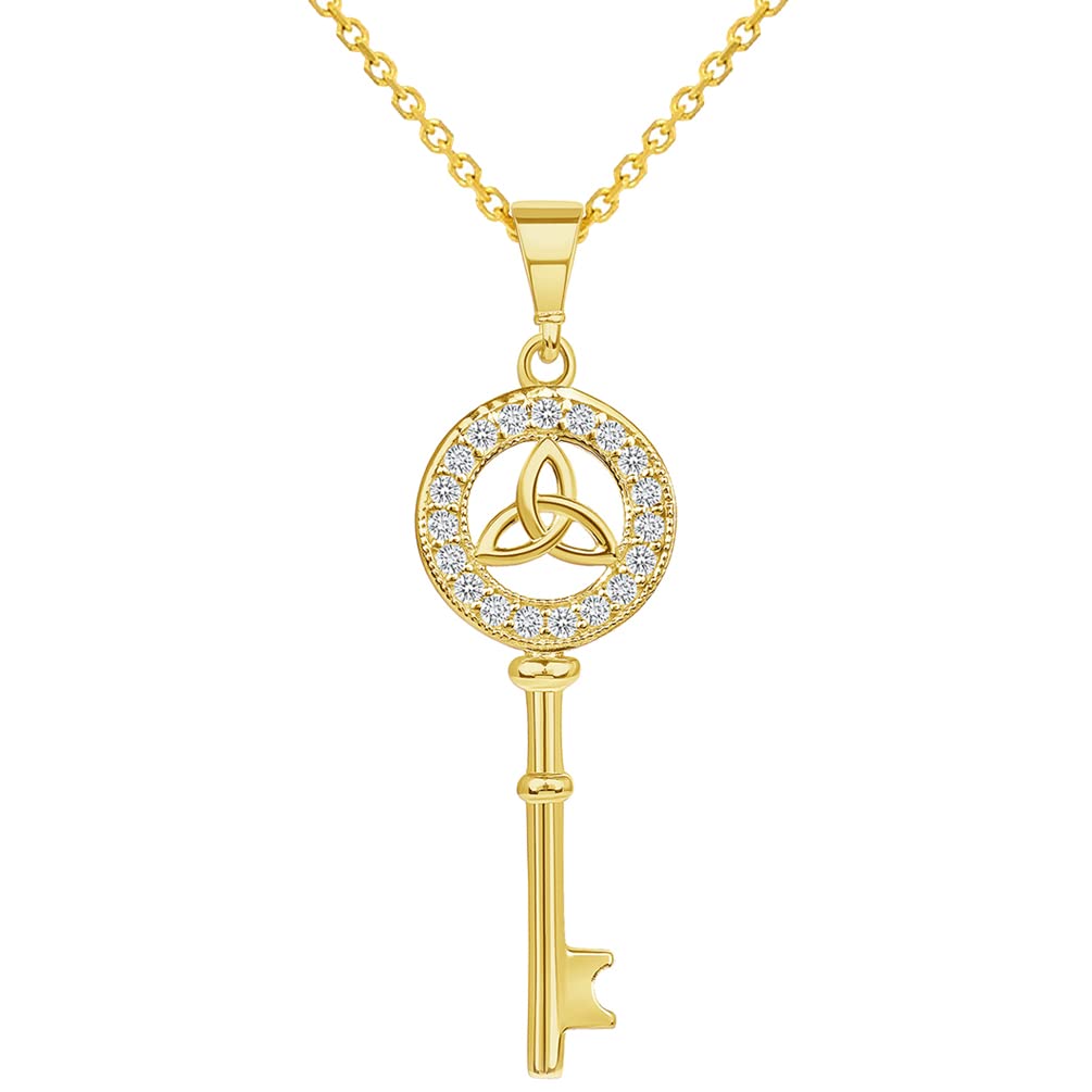 14k Yellow Gold Cubic-Zirconia Trinity Triquetra Knot Celtic Key Pendant Necklace