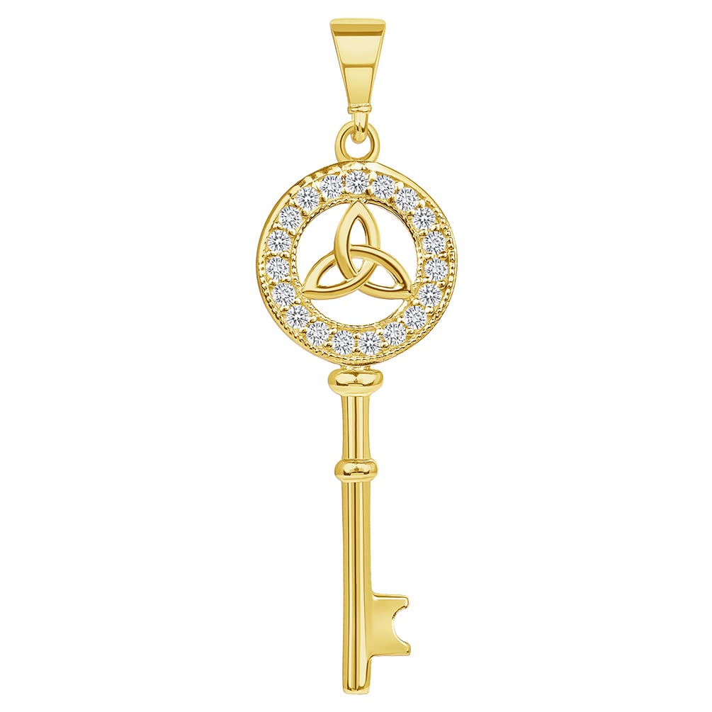 14k Yellow Gold Cubic-Zirconia Trinity Triquetra Knot Celtic Key Pendant