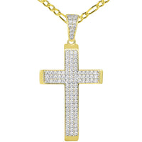 Load image into Gallery viewer, 14k Yellow Gold Cubic Zirconia Beveled Edge Classic Cross Pendant Figaro Necklace
