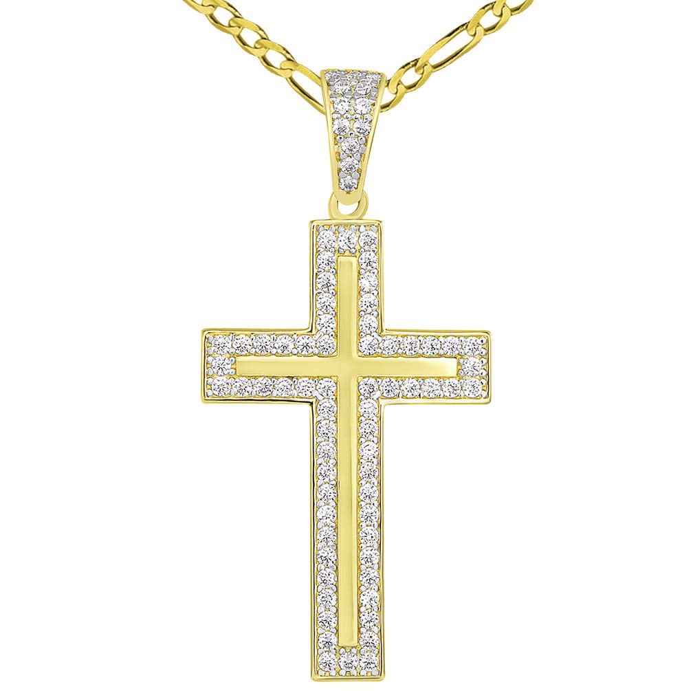 14k Yellow Gold Cubic Zirconia Elegant Traditional Latin Cross Pendant Figaro Necklace
