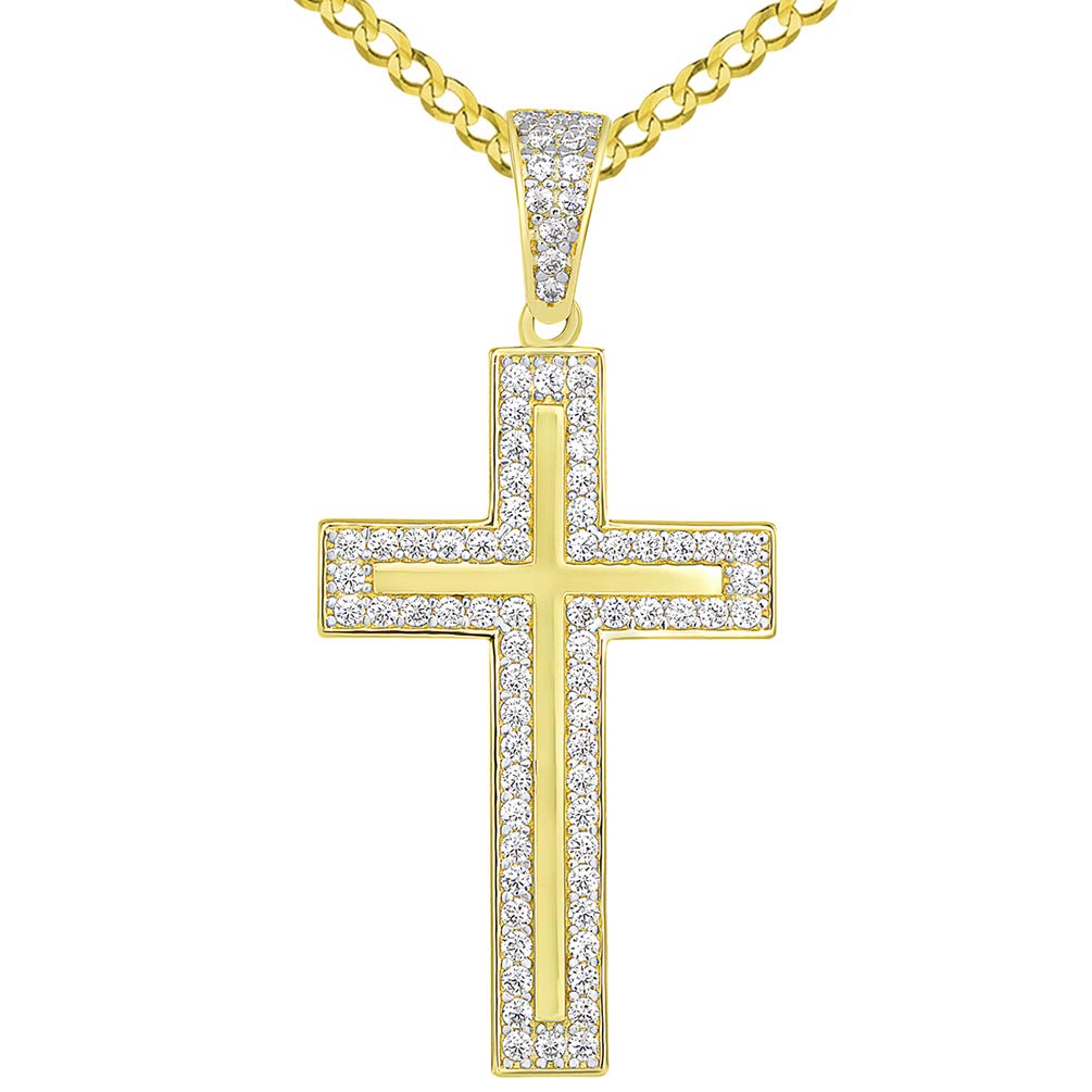 14k Yellow Gold Cubic Zirconia Elegant Traditional Latin Cross Pendant Cuban Necklace