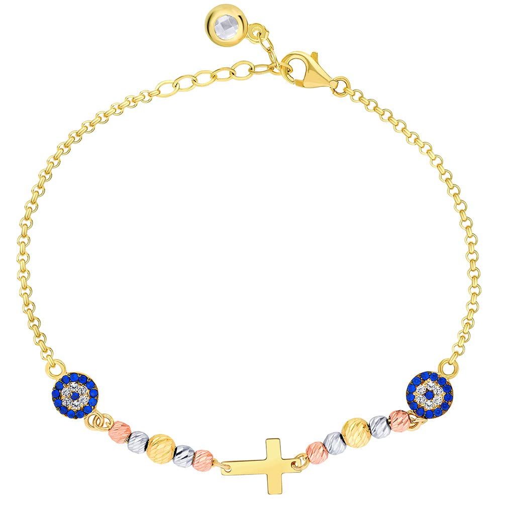 14k Tri-Color Gold Blue and White Cubic Zirconia Evil Eye with Religious Cross Bracelet, 6.5"+1" Extender