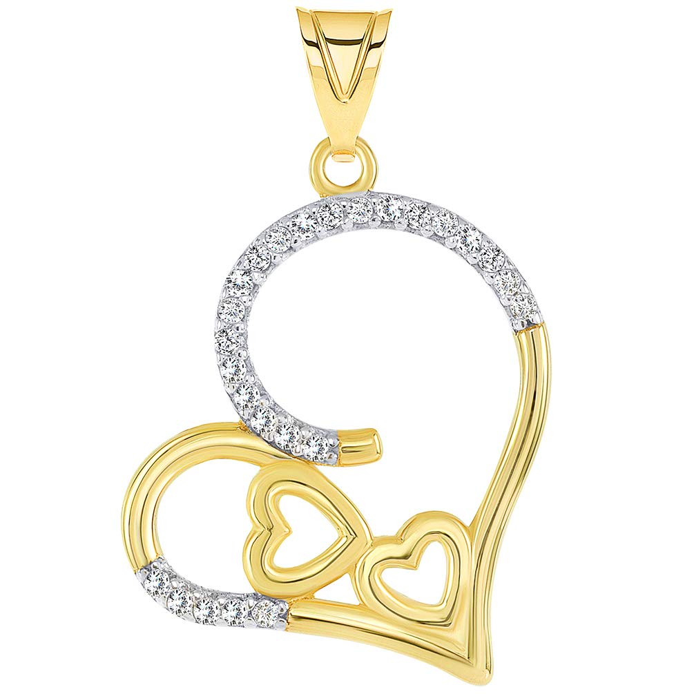 14k Yellow Gold Cubic Zirconia Fancy and Elegant Three Open Hearts Pendant