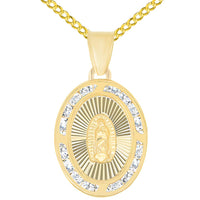 Load image into Gallery viewer, 14k Yellow Gold Cubic Zirconia Latin Catholic Our Lady Of Guadalupe Oval Medal Pendant with Cable, Curb, or Figaro Chain Necklace
