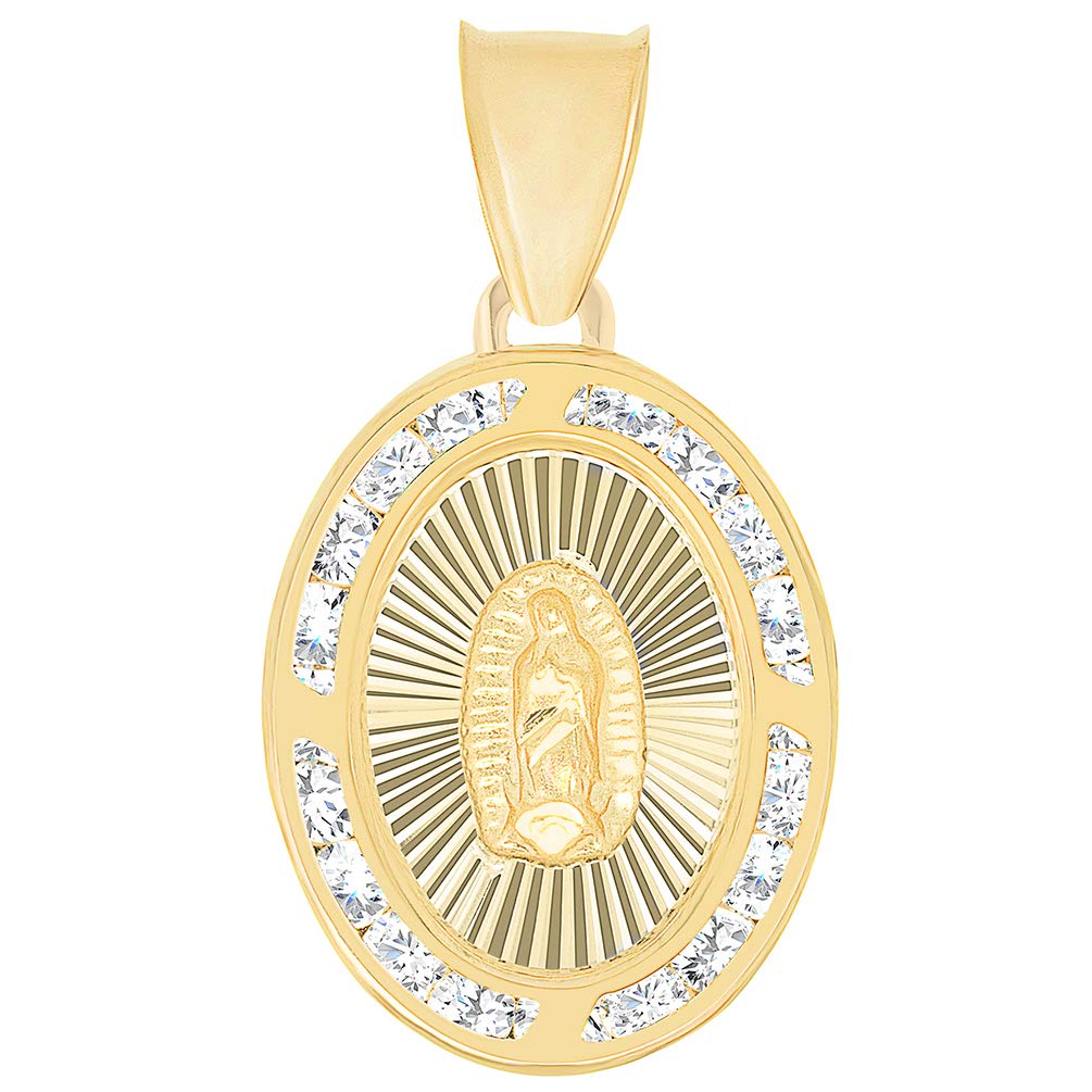 14k Yellow Gold Cubic Zirconia Latin Catholic Our Lady Of Guadalupe Oval Medal Pendant