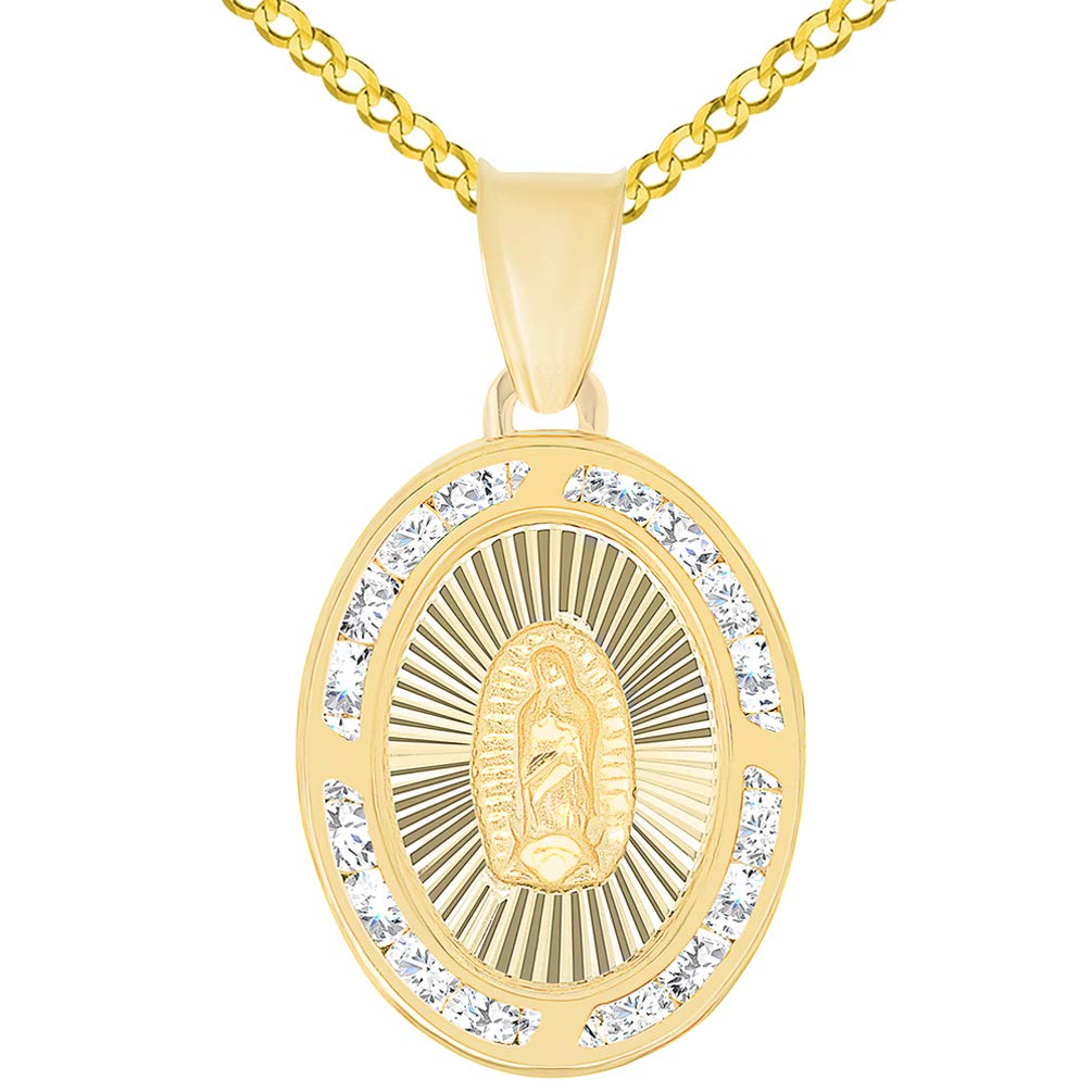 14k Yellow Gold Cubic Zirconia Latin Catholic Our Lady Of Guadalupe Oval Medal Pendant with Cable, Curb, or Figaro Chain Necklace