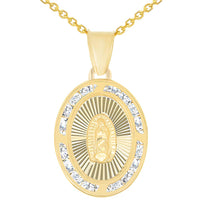 Load image into Gallery viewer, 14k Yellow Gold Cubic Zirconia Latin Catholic Our Lady Of Guadalupe Oval Medal Pendant with Cable, Curb, or Figaro Chain Necklace
