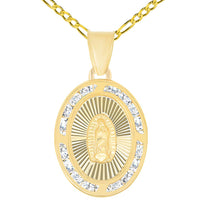 Load image into Gallery viewer, 14k Yellow Gold Cubic Zirconia Latin Catholic Our Lady Of Guadalupe Oval Medal Pendant with Cable, Curb, or Figaro Chain Necklace
