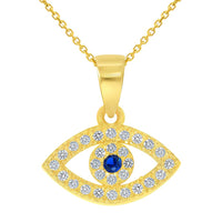 Load image into Gallery viewer, 14k Yellow Gold Cubic Zirconia Mini Blue Evil Eye Charm Eye Shaped Pendant with Rolo Cable, Cuban Curb, or Figaro Chain Necklaces
