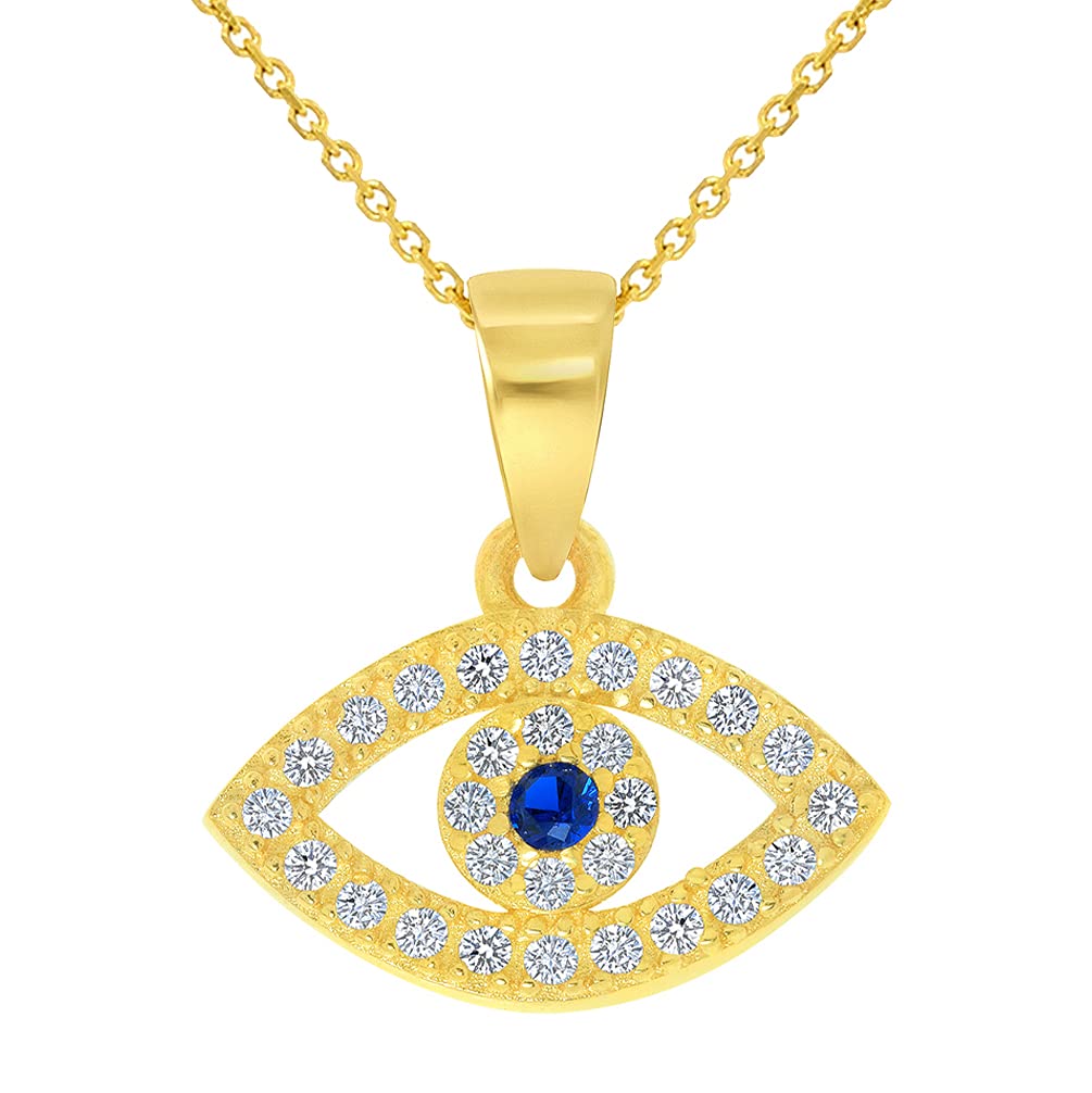 14k Yellow Gold Cubic Zirconia Mini Blue Evil Eye Charm Eye Shaped Pendant with Rolo Cable, Cuban Curb, or Figaro Chain Necklaces