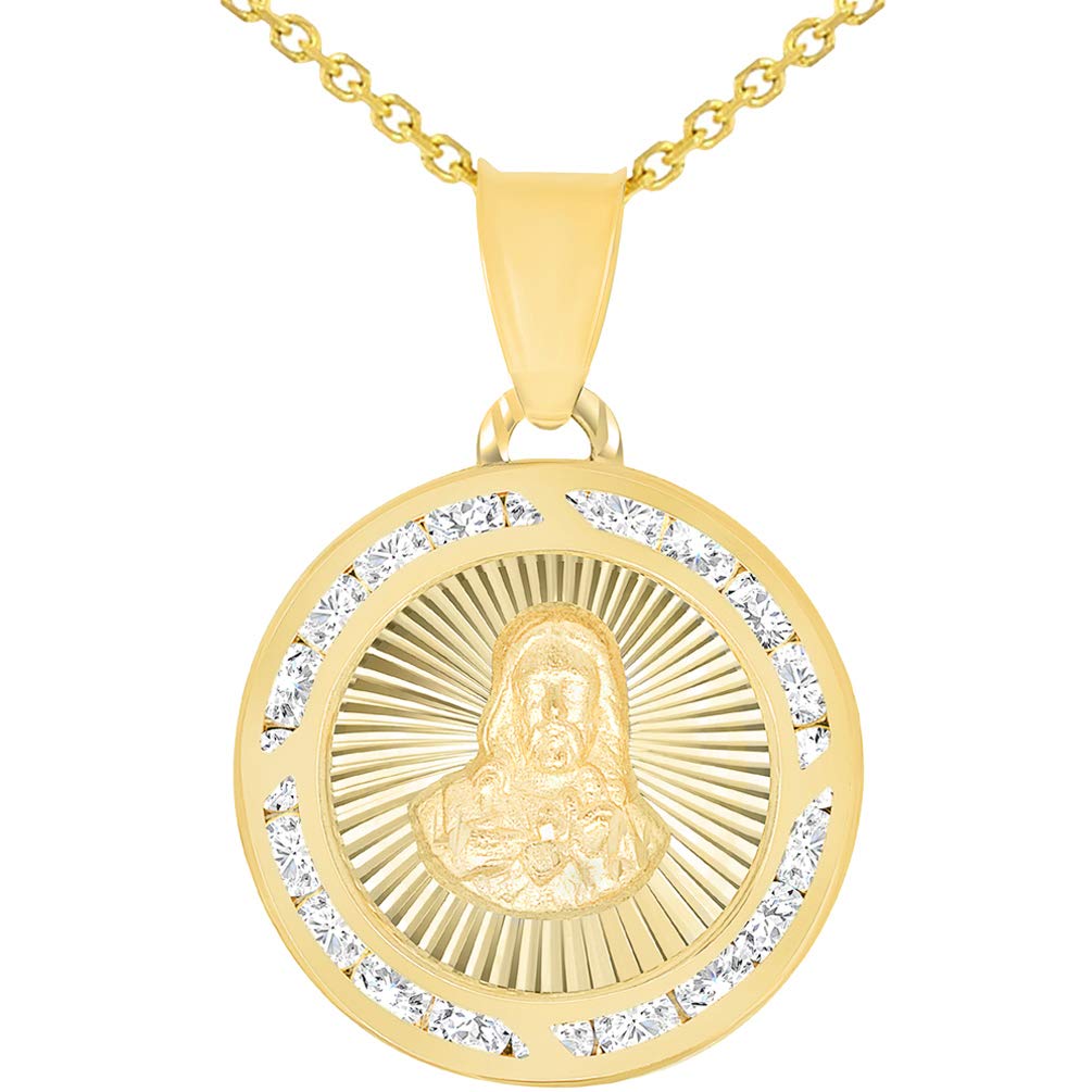 14k Yellow Gold Cubic Zirconia Most Sacred Heart of Jesus Round Medal Pendant with Cable, Curb, or Figaro Chain Necklace