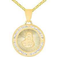 Load image into Gallery viewer, 14k Yellow Gold Cubic Zirconia Most Sacred Heart of Jesus Round Medal Pendant with Cable, Curb, or Figaro Chain Necklace
