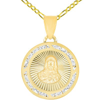 Load image into Gallery viewer, 14k Yellow Gold Cubic Zirconia Most Sacred Heart of Jesus Round Medal Pendant with Cable, Curb, or Figaro Chain Necklace

