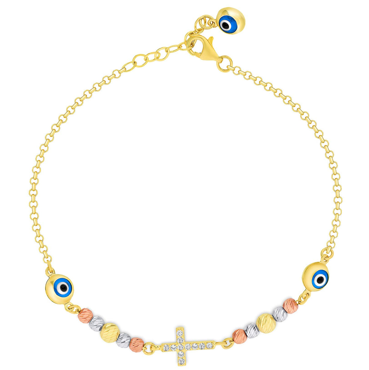 14k Tri-Color Gold Cubic Zirconia Religious Cross with Round 3D Evil Eye Bracelet, 6.5"+1" Extender