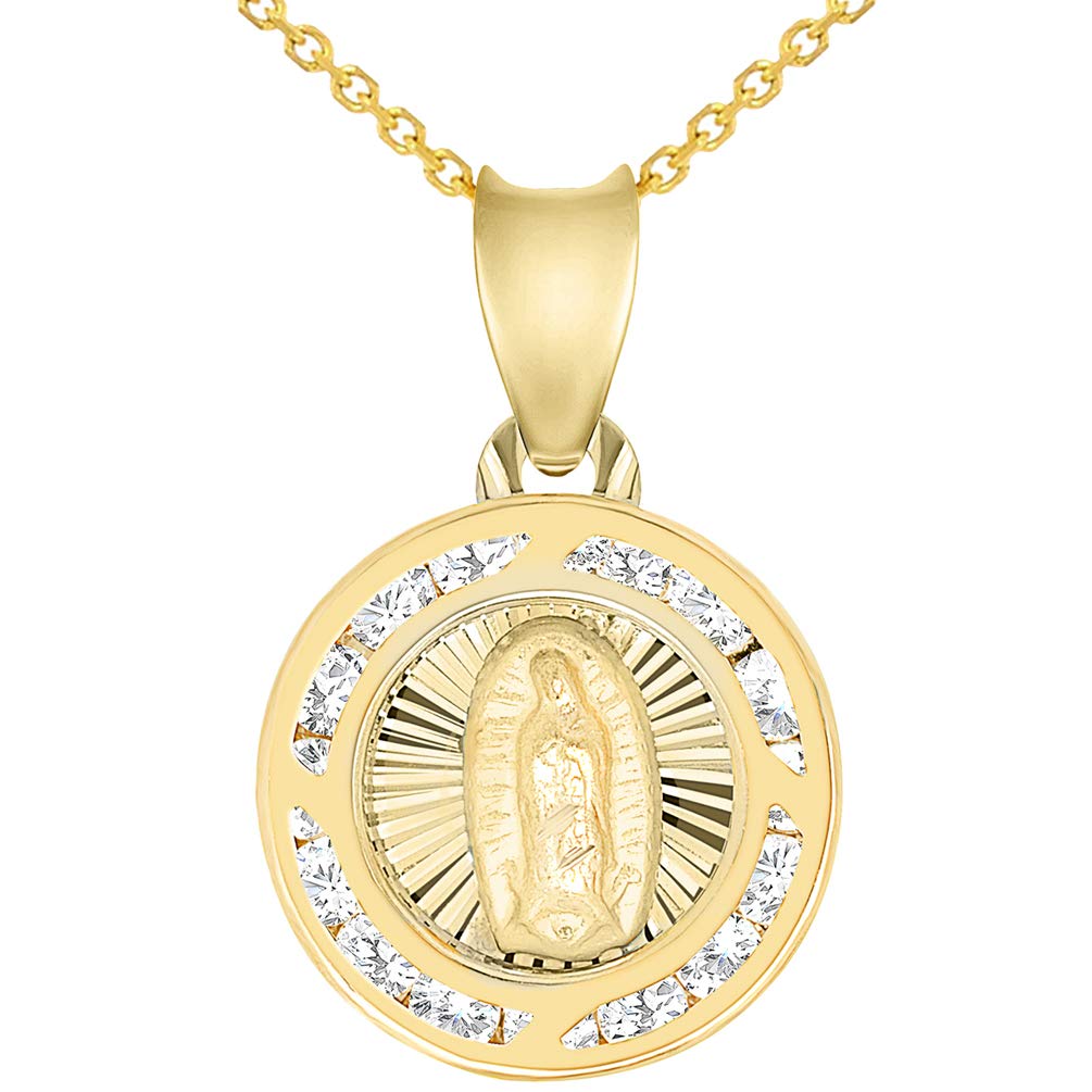 14k Yellow Gold Cubic Zirconia Round Mini Our Lady Of Guadalupe Medal Charm Pendant Necklace