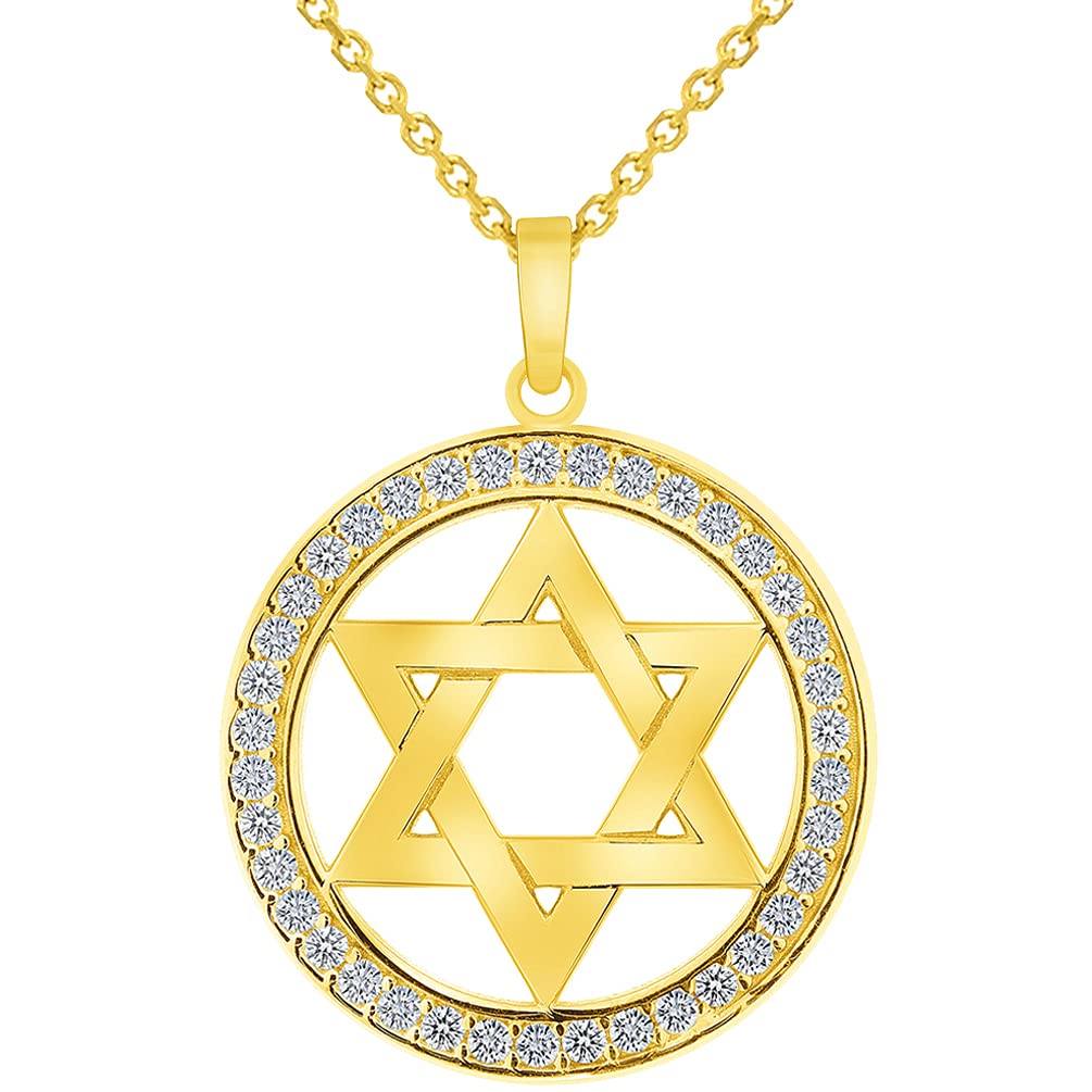 14k Yellow Gold Cubic Zirconia Round Shield of David Open Hebrew Star Pendant with Rolo Cable, Cuban Curb, or Figaro Chain Necklaces