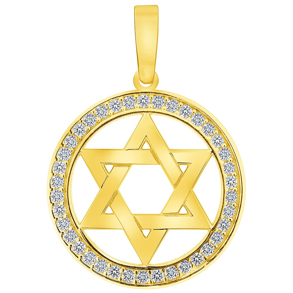 14k Yellow Gold Cubic Zirconia Round Shield of David Open Hebrew Star Pendant