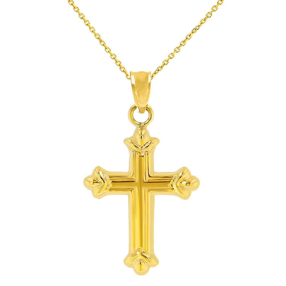 Dainty 14k Yellow Gold Fleur de Lis Cross Charm Pendant Necklace