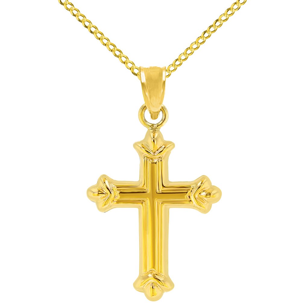 Dainty 14k Yellow Gold Fleur de Lis Cross Charm Pendant Necklace with Cuban Chain