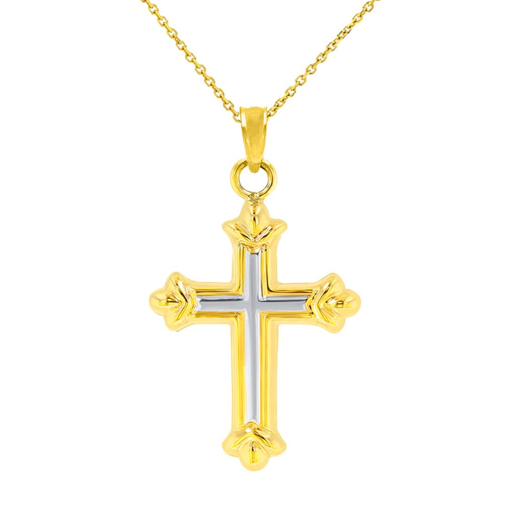 Dainty 14k Yellow Gold Fleur de Lis Cross Pendant Necklace