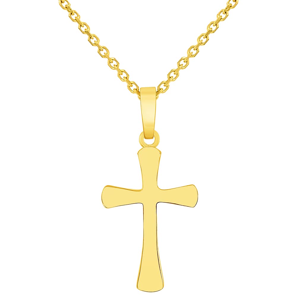 14k Solid Yellow Gold Dainty Mini Classic Plain Religious Cross Charm Pendant with Rolo Cable, Cuban Curb, or Figaro Chain Necklaces
