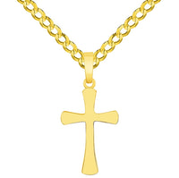 Load image into Gallery viewer, 14k Solid Yellow Gold Dainty Mini Classic Plain Religious Cross Charm Pendant with Rolo Cable, Cuban Curb, or Figaro Chain Necklaces
