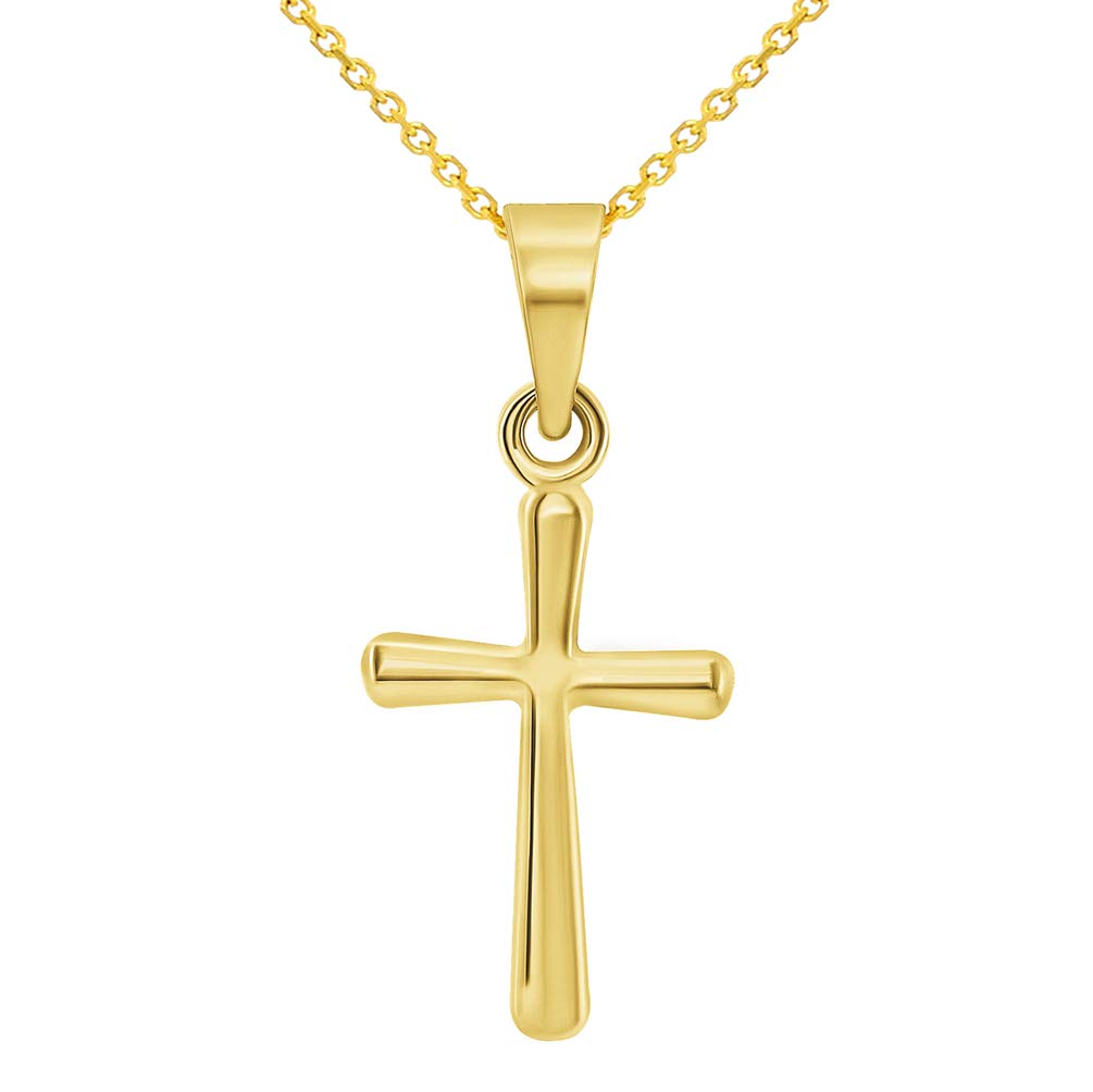 14k Yellow Gold Polished Dainty Mini Religious Plain Simple Cross Charm Pendant Necklace