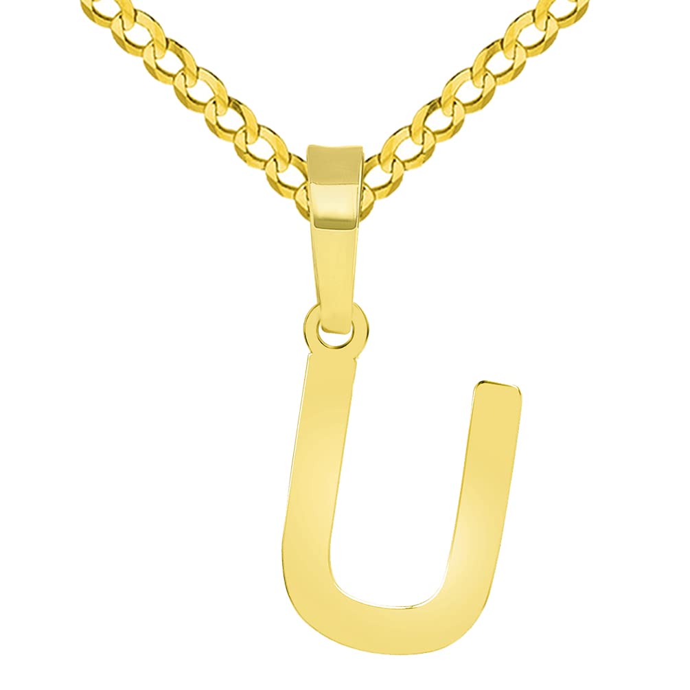 Solid 14k Yellow Gold Dainty Mini Uppercase Initial Charm Block Letter Pendant Necklaces with Curb Cuban Chain