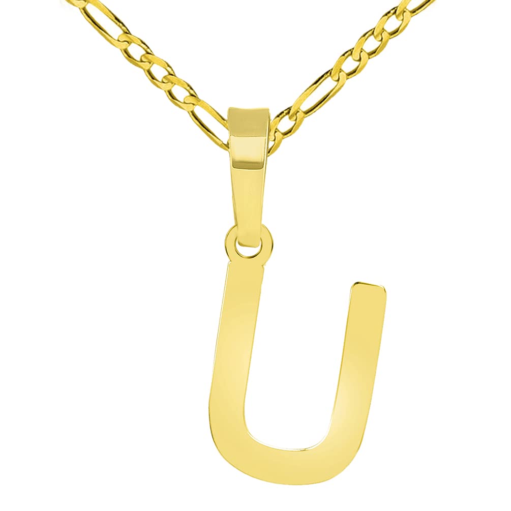 Solid 14k Yellow Gold Dainty Mini Uppercase Initial Charm Block Letter Pendant Necklace with Figaro Link Chain