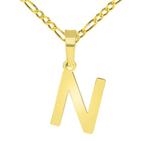 Load image into Gallery viewer, Solid 14k Yellow Gold Dainty Mini Uppercase Initial Charm Block Letter Pendant Necklace with Figaro Link Chain
