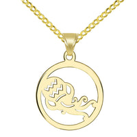 Load image into Gallery viewer, 14k Yellow Gold Dainty Round Aquarius Zodiac Sign Cut-Out Vase Disc Pendant with Cuban Chain Necklace
