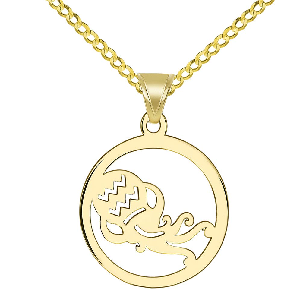 14k Yellow Gold Dainty Round Aquarius Zodiac Sign Cut-Out Vase Disc Pendant with Cuban Chain Necklace