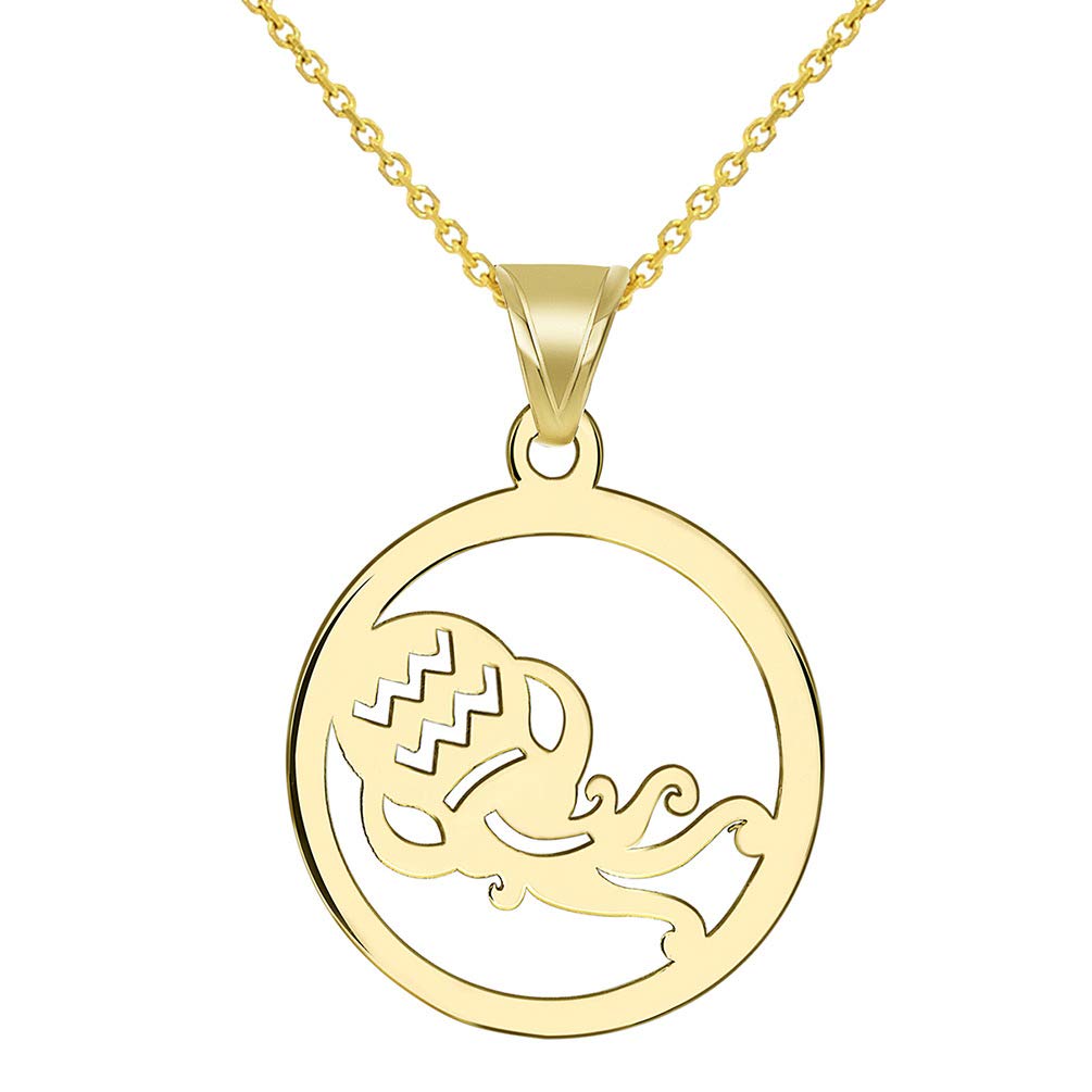 14k Yellow Gold Dainty Round Aquarius Zodiac Sign Cut-Out Vase Disc Pendant Necklace
