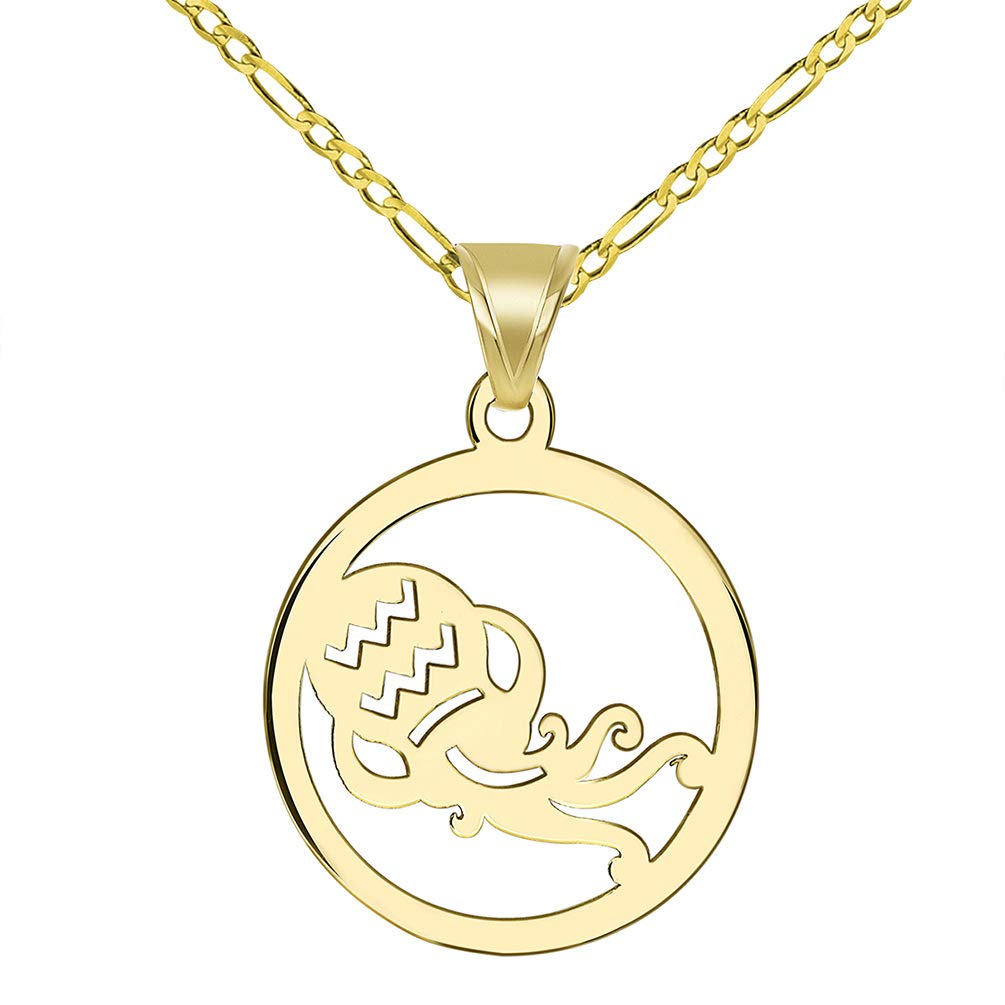 14k Yellow Gold Dainty Round Aquarius Zodiac Sign Cut-Out Vase Disc Pendant with Figaro Chain Necklace