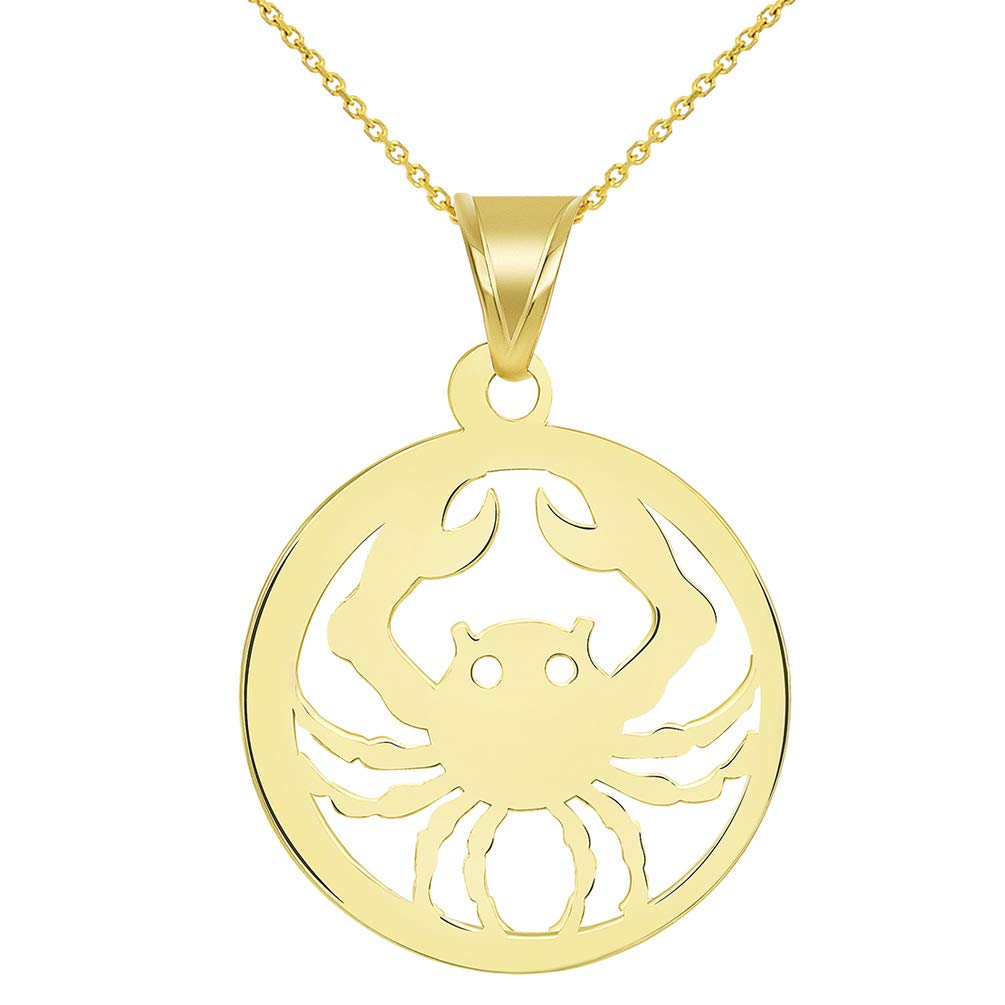 Solid 14k Yellow Gold Dainty Round Cancer Zodiac Sign Crab Disc Pendant Necklace