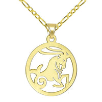 Load image into Gallery viewer, 14k Yellow Gold Dainty Round Capricorn Zodiac Sign Goat Cut-Out Disc Pendant with Figaro Chain Necklace
