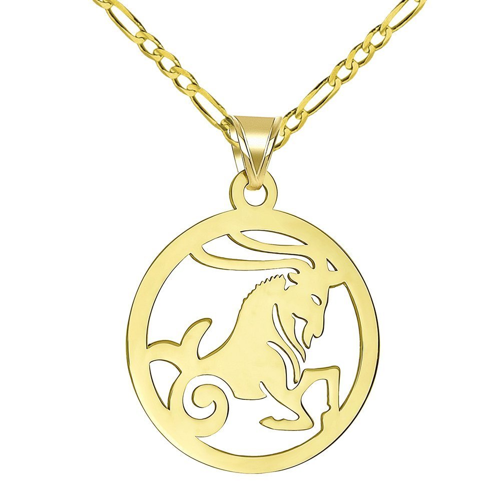 14k Yellow Gold Dainty Round Capricorn Zodiac Sign Goat Cut-Out Disc Pendant with Figaro Chain Necklace