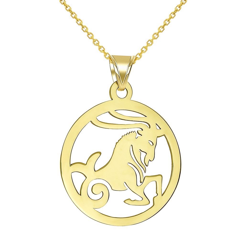 14k Yellow Gold Dainty Round Capricorn Zodiac Sign Goat Cut-Out Disc Pendant Necklace