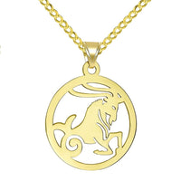 Load image into Gallery viewer, 14k Yellow Gold Dainty Round Capricorn Zodiac Sign Goat Cut-Out Disc Pendant with Cuban Chain Necklace
