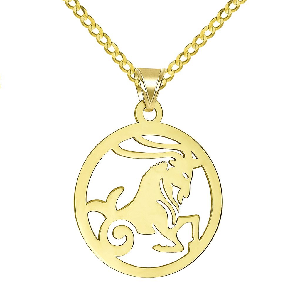 14k Yellow Gold Dainty Round Capricorn Zodiac Sign Goat Cut-Out Disc Pendant with Cuban Chain Necklace