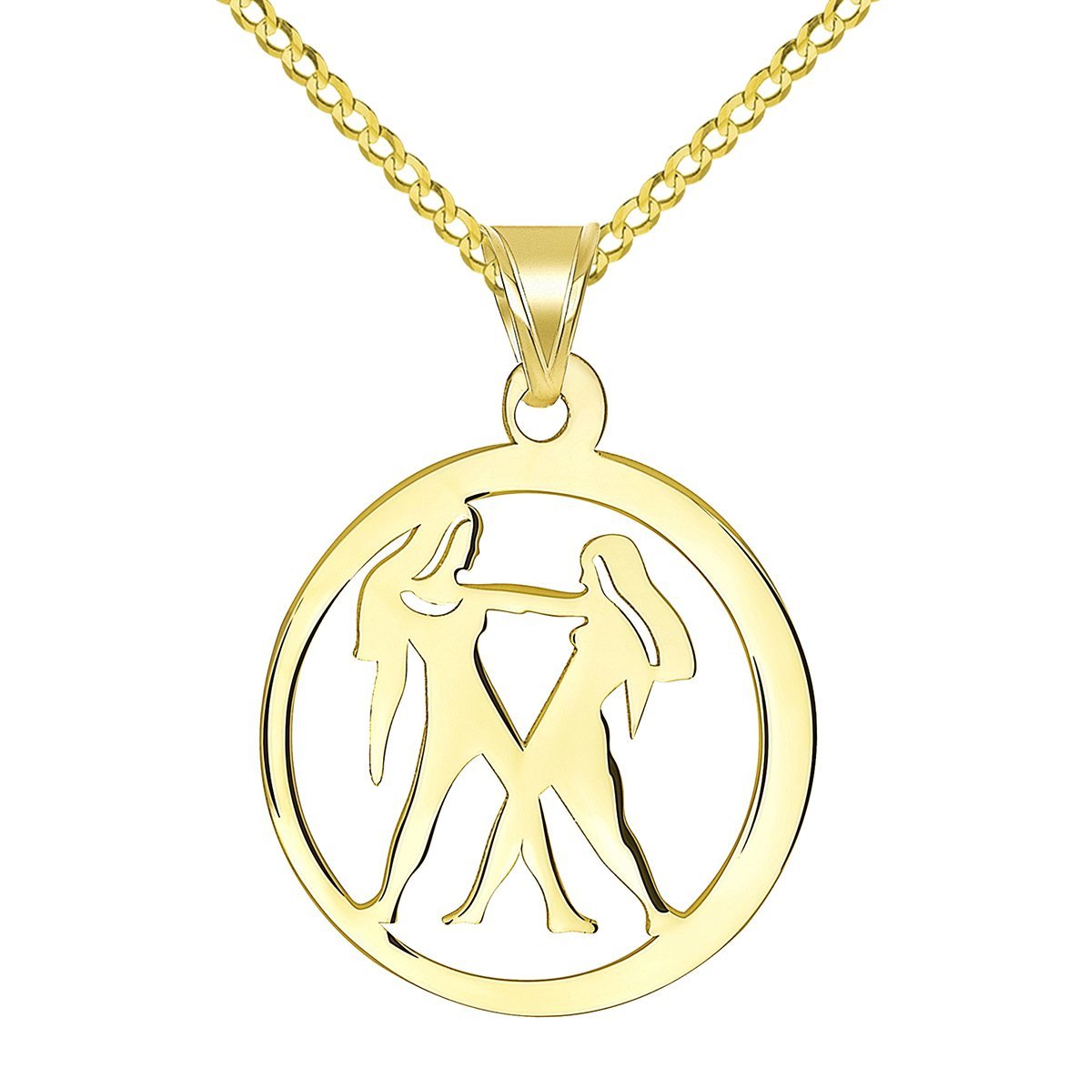 14k Yellow Gold Dainty Round Gemini Twins Zodiac Sign Cut-Out Disc Pendant with Cuban Chain Necklace