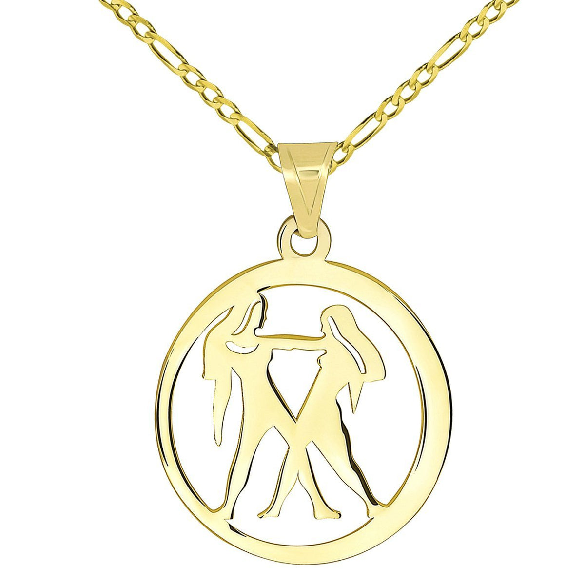 14k Yellow Gold Dainty Round Gemini Twins Zodiac Sign Cut-Out Disc Pendant with Figaro Chain Necklace