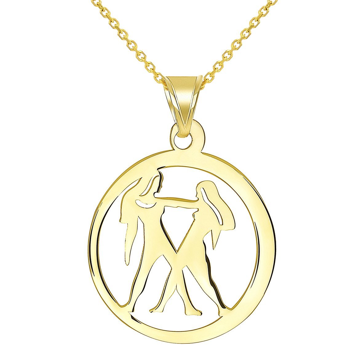 14k Yellow Gold Dainty Round Gemini Twins Zodiac Sign Cut-Out Disc Pendant Necklace